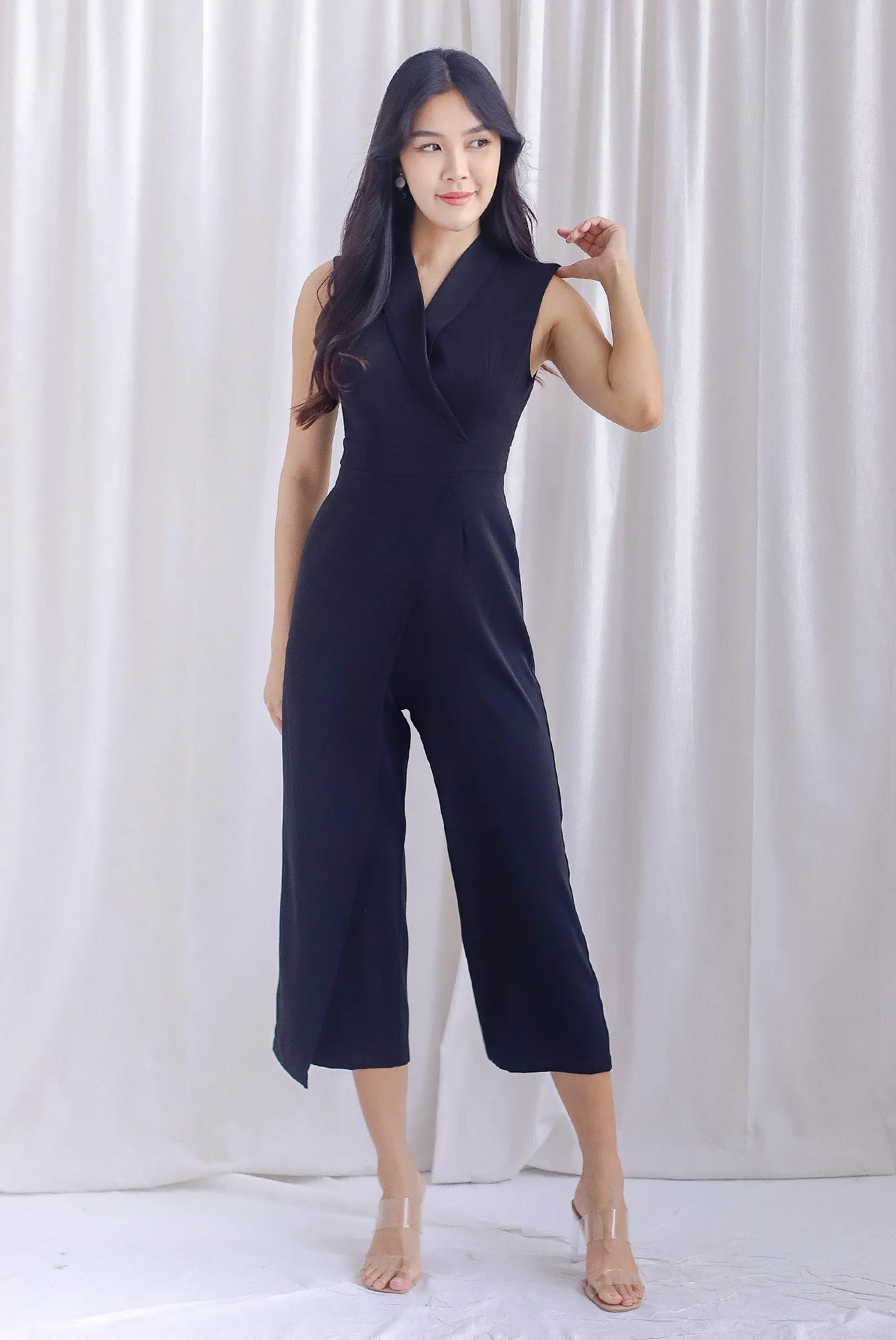 Scarlette Faux Wrap Lapel Jumpsuit In Black