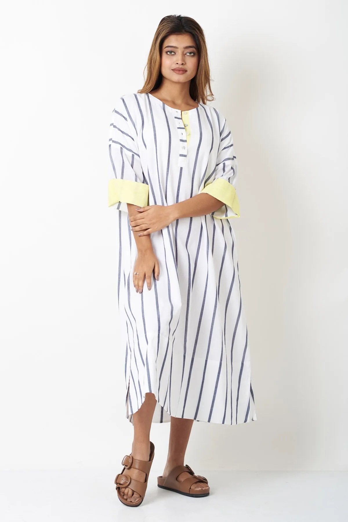 White Cotton Striped Shirt Dress