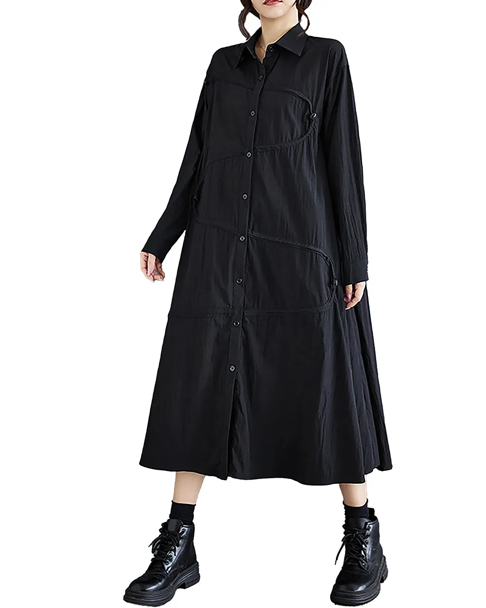 Women's Shirt Dress Long Sleeve Lapel Button Down Drawstrings Flowy Hem Solid Loose Oversize GZ288